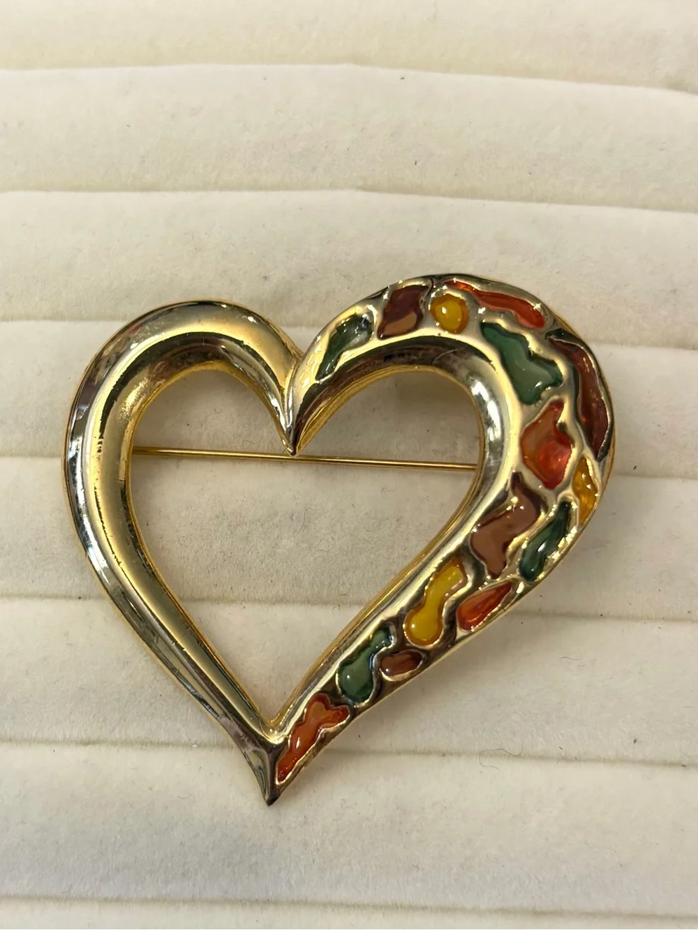 Vintage Plique a Jour Enamel Heart Brooch Museum Stained Glass Style‎ Pin Gold